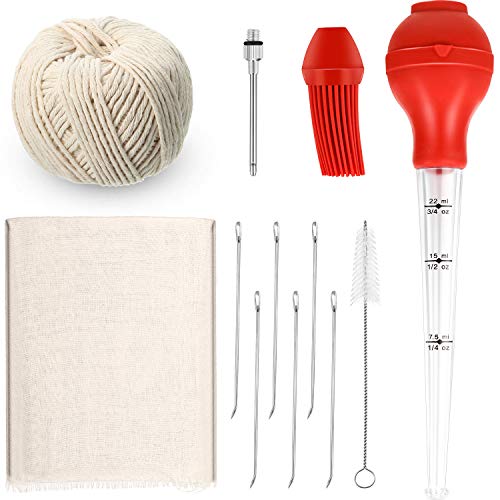 Baster de Pavo con Bombilla de Silicona Aguja de Inyector de Adobo de Carne Cepillo de Limpieza para Barbacoa Estopilla de Grado 90 Cordel de Cocina de Algodón Aguja de Asar de Carne de 7 Pulgadas