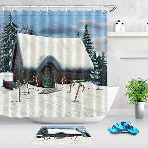 Bastón de Caramelo de Brick House Snow Forest Juego de Cortina de baño Impermeable con impresión Digital / 12 Ganchos