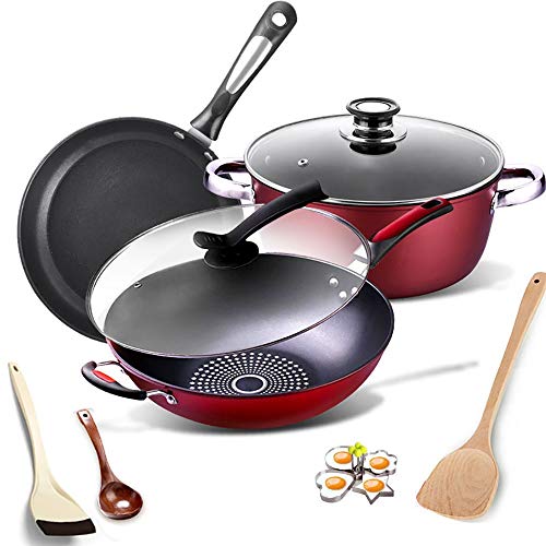 Batería de Cocina Juego de Utensilios, Doble Revestimiento Antiadherente de Cocina ollas y Pan Set Profesional for el hogar Restaurante Juegos de Sartenes y Ollas (Color : Red, Size : Free Size)