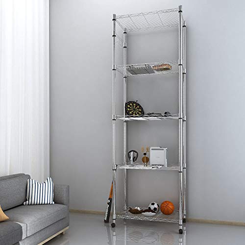 BATHWA Estantería de Alambre de Acero de 5 Niveles con Ruedas, estantes cromados para la Sala de Estar de la Cocina del Garaje, estantería de Servicio Pesado, 23.2 x 13.8 x 72 Pulgadas (L x W x H)