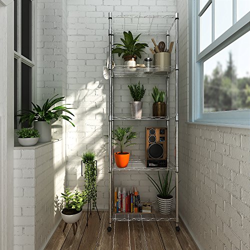 BATHWA Estantería de Alambre de Acero de 5 Niveles con Ruedas, estantes cromados para la Sala de Estar de la Cocina del Garaje, estantería de Servicio Pesado, 23.2 x 13.8 x 72 Pulgadas (L x W x H)