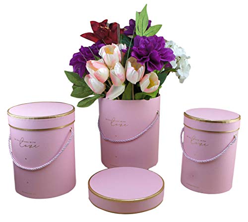 Bayli Juego de 3 Cajas Decorativas con Tapa, diseño de Ramo de Flores, Caja de Regalo Redonda, Caja de Regalo con cordón, Color Rosa