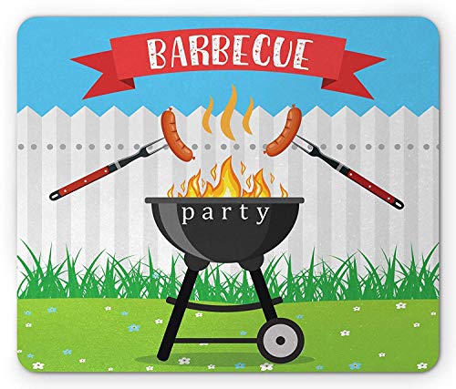 BBQ Party Mouse Pad, Kitchen Utensils Roasting Sausage Over The Fire Backyard Cooking Party Theme, Standard Size Rectangle Non-Slip Rubber Mousepad, 9.8 X 11.8 Inch
