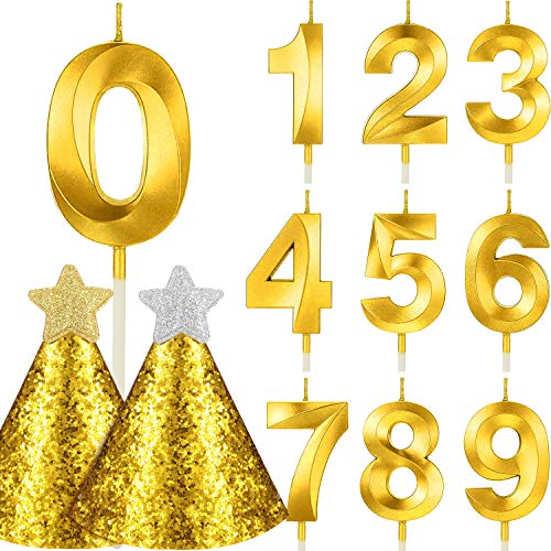 BBTO 10 Piezas Velas de Número Topper de Tarta 0-9 Dorado con 2 Sombreros de Cumpleaños Brillantes para Decoración de Fiesta de Cumpleaños