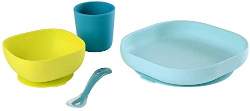 Béaba Vajilla de silicona con ventosa resistente, Completa con 4 piezas, Plato, bol, taza y cuchara de silicona de alta calidad con ventosa, Alimenta a tu bebé o hijo fácil