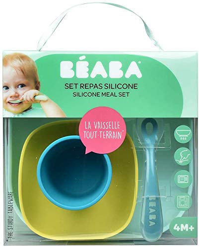 Béaba Vajilla de silicona con ventosa resistente, Completa con 4 piezas, Plato, bol, taza y cuchara de silicona de alta calidad con ventosa, Alimenta a tu bebé o hijo fácil
