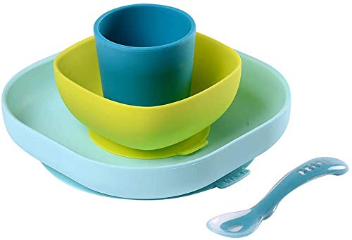 Béaba Vajilla de silicona con ventosa resistente, Completa con 4 piezas, Plato, bol, taza y cuchara de silicona de alta calidad con ventosa, Alimenta a tu bebé o hijo fácil