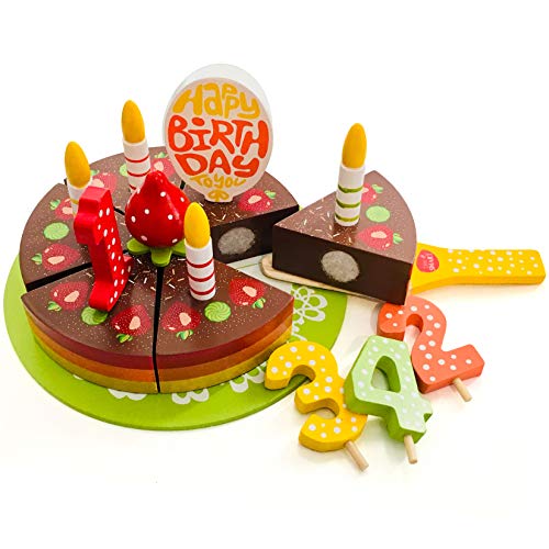 bee SMART - Juego de Tartas de cumpleaños de Madera, 18 Piezas, Incluye Servidor de Madera, Velas de Madera, Frutas y Decoraciones, diseño de Arco Iris