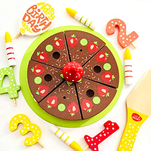 bee SMART - Juego de Tartas de cumpleaños de Madera, 18 Piezas, Incluye Servidor de Madera, Velas de Madera, Frutas y Decoraciones, diseño de Arco Iris