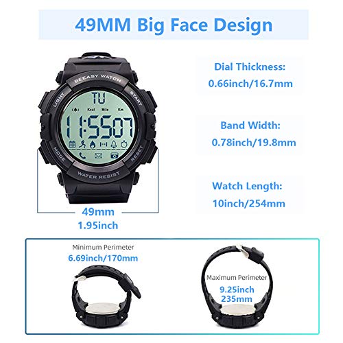 Beeasy Reloj Deportivo Hombre,Relojes Digital Impermeable Watches LCD con Esfera Grande Inteligente Fitness Tracker Contador Calorías Podómetro Cámara Remota App Notificación de Llamadas SMS,Negro