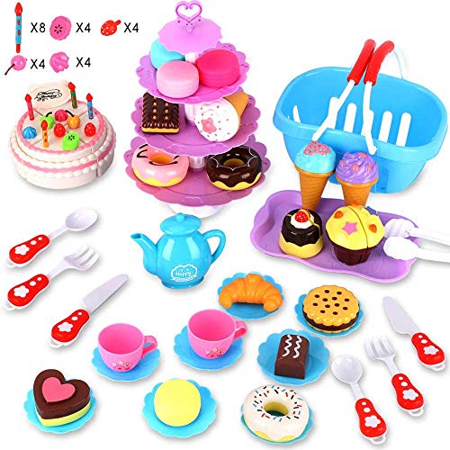 BeebeeRun 83 Piezas DIY Cortar Juguetes de Pastel de cumpleaños,Juguetes de Juego de té de Fiesta,Juguetes educativos de Cocina Regalo de cumpleaños para niños de 3 a 4 5 años