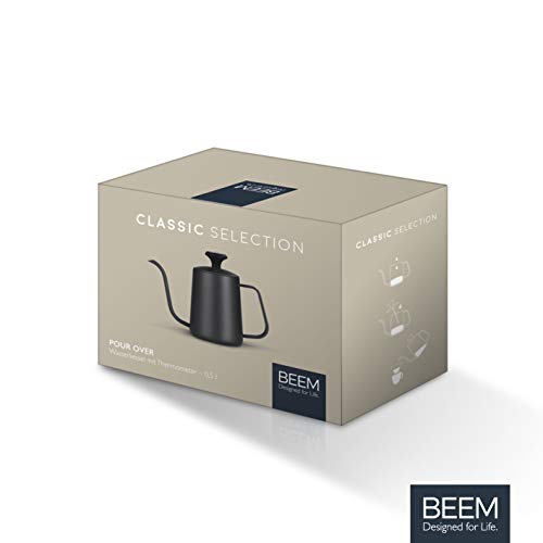 BEEM Pour Over-Hervidor de Agua con termómetro (0,5 L, Acero Inoxidable, Cuello de Cisne, 4 Tazas de café o té, Negro