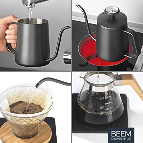 BEEM Pour Over-Hervidor de Agua con termómetro (0,5 L, Acero Inoxidable, Cuello de Cisne, 4 Tazas de café o té, Negro