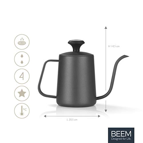 BEEM Pour Over-Hervidor de Agua con termómetro (0,5 L, Acero Inoxidable, Cuello de Cisne, 4 Tazas de café o té, Negro