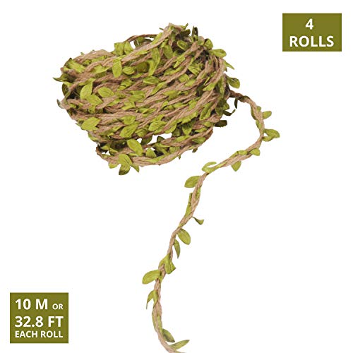 BELLE VOUS Yute con Hojas (4 Rollos) - 131ft Artificial Verde Hojas Tela con Yute Arpillera Cuerda Enredadera - Cuerda Hojas para Manualidades, Decoración del Hogar, Regalos