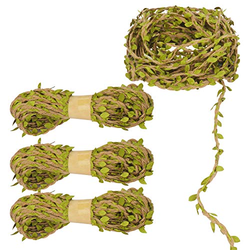 BELLE VOUS Yute con Hojas (4 Rollos) - 131ft Artificial Verde Hojas Tela con Yute Arpillera Cuerda Enredadera - Cuerda Hojas para Manualidades, Decoración del Hogar, Regalos