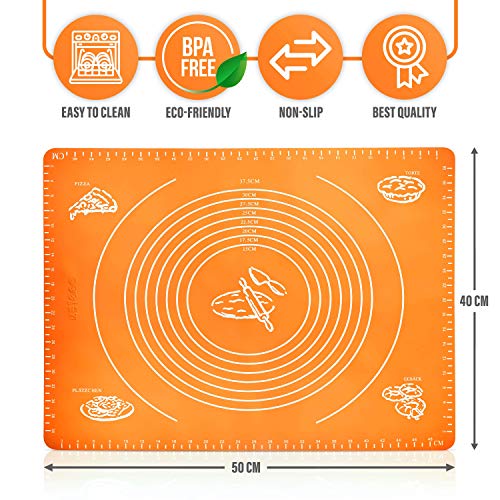 Belmalia Tapete de Silicona para Hornear, Enrollable, Resistente al Calor, para su Pizza, Masa, Fondant, Pasteles, Cocina 50x40cm Naranja