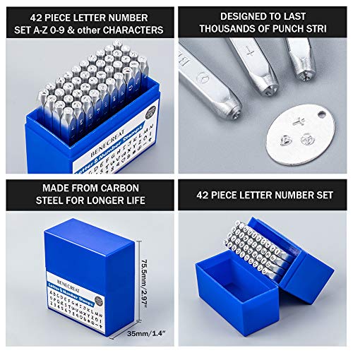 BENECREAT 42PCS 1/8"3 mm Sello de Metal con Letras y números,Mate Efecto Acero al Carbono, A-Z y 0-9, Sellos en mayúsculas Herramienta punzonada para Marcas en Cuero y Metal