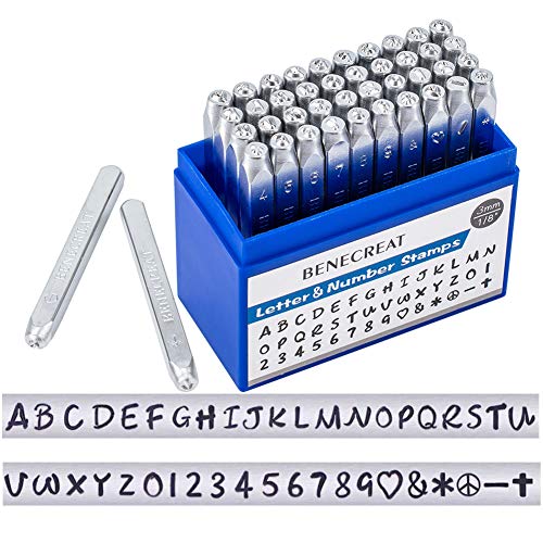 BENECREAT 42PCS 1/8"3 mm Sello de Metal con Letras y números,Mate Efecto Acero al Carbono, A-Z y 0-9, Sellos en mayúsculas Herramienta punzonada para Marcas en Cuero y Metal