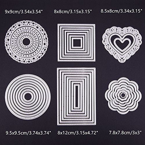 BENECREAT 6 Sets Troquel Metal para Scrapbooking Álbum de Corte Artesanía de Papel DIY - Redondo, Cuadrado, Rectangulo, Corazon, Flor