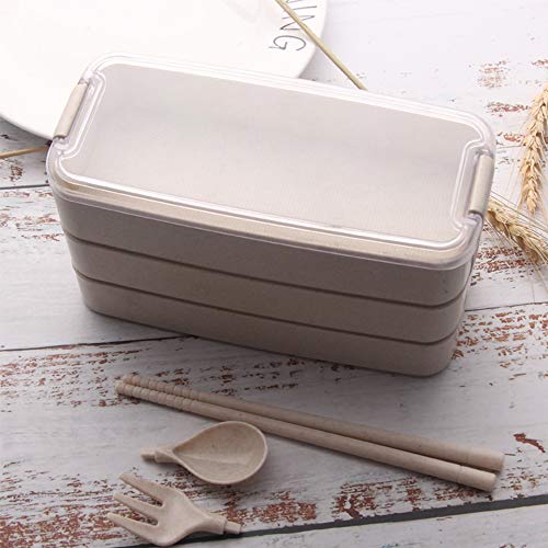 Bento Box a Prueba de Fugas,Bento Box de Estilo Japonés,Lonchera de Silicona, Lonchera con Compartimentos,Creative Bento Box,con Cubiertos,Adecuado para Estudiantes,Camping,Picnic (Beige, 3 Pisos)