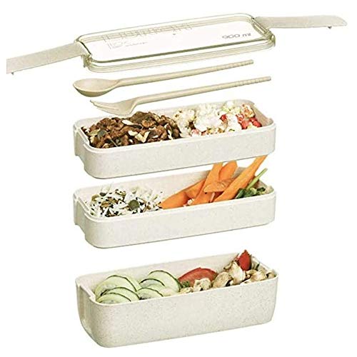 Bento Box a Prueba de Fugas,Bento Box de Estilo Japonés,Lonchera de Silicona, Lonchera con Compartimentos,Creative Bento Box,con Cubiertos,Adecuado para Estudiantes,Camping,Picnic (Beige, 3 Pisos)