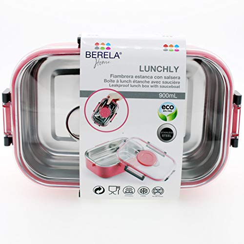 BERELA HOME LUNCHLY Fiambrera Acero Inoxidable Hermética con Salsera, Fiambrera Libre de BPA, Recipientes de Acero Inoxidable y Silicona, Caja de Almuerzo Apta para Lavavajillas de 900mL