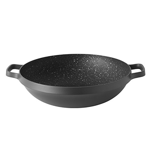 BergHOFF - Wok antiadherente con revestimiento de cerámica para inducción, con tapa de cristal, 32 cm, aluminio fundido, negro, 40 x 33 x 16,5 cm