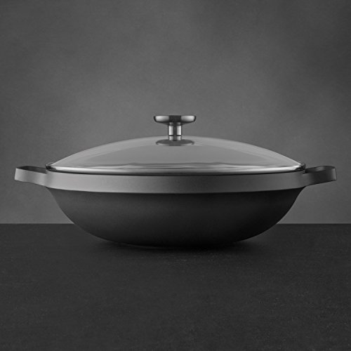 BergHOFF - Wok antiadherente con revestimiento de cerámica para inducción, con tapa de cristal, 32 cm, aluminio fundido, negro, 40 x 33 x 16,5 cm