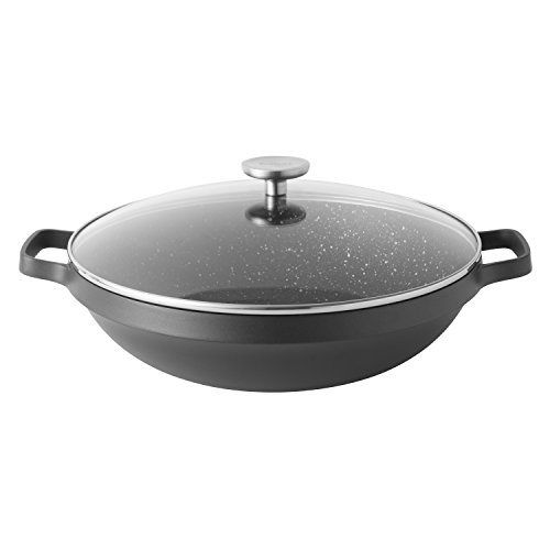 BergHOFF - Wok antiadherente con revestimiento de cerámica para inducción, con tapa de cristal, 32 cm, aluminio fundido, negro, 40 x 33 x 16,5 cm