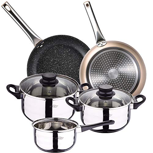 BERGNER PK2357 Batería de cocina 5 piezas acero inoxidable y set 2pcs sartenes 20/30 champagne, aluminio forjado, inducción