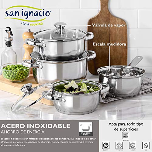 BERGNER Set 3 sartenes 20x4.3, 24x4.7 y 28, alumino forjado, y Batería de cocina 7 piezas cazo 16 Cacerolas con tapa 16, 18 y 20 acero inoxidable, inducción