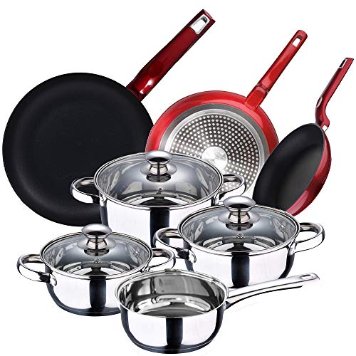 BERGNER Set 3 sartenes 20x4.3, 24x4.7 y 28, alumino forjado, y Batería de cocina 7 piezas cazo 16 Cacerolas con tapa 16, 18 y 20 acero inoxidable, inducción