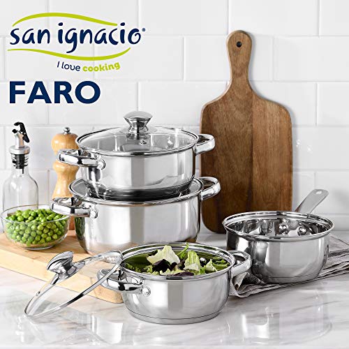 BERGNER Set 3 sartenes 20x4.3, 24x4.7 y 28, alumino forjado, y Batería de cocina 7 piezas cazo 16 Cacerolas con tapa 16, 18 y 20 acero inoxidable, inducción