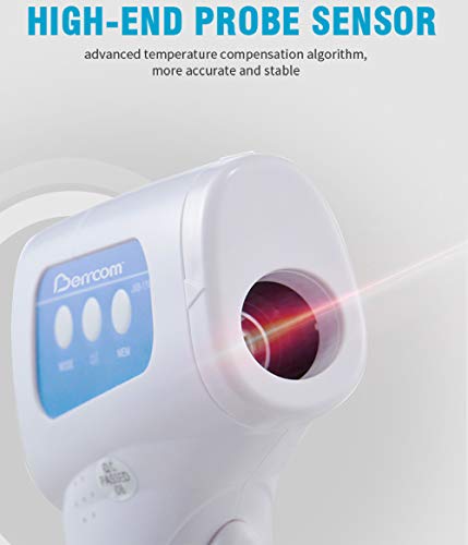 Berrcom termómetro de frente infrarrojo sin contacto, pantalla digital retroiluminada de tres colores Temperatura de lectura instantánea de bebés