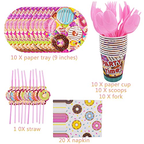 BESLIME Diseño de Decoración de Donas, Que Incluye Pancarta, Plato, Taza, Servilleta, Paja, Cuchara, Cuchillo, Conjunto de Suministros Para Fiestas Con Donas