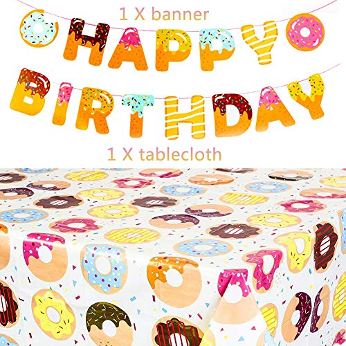 BESLIME Diseño de Decoración de Donas, Que Incluye Pancarta, Plato, Taza, Servilleta, Paja, Cuchara, Cuchillo, Conjunto de Suministros Para Fiestas Con Donas