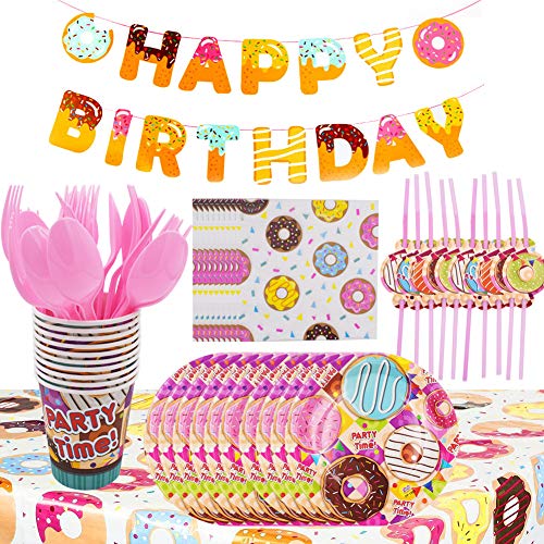 BESLIME Diseño de Decoración de Donas, Que Incluye Pancarta, Plato, Taza, Servilleta, Paja, Cuchara, Cuchillo, Conjunto de Suministros Para Fiestas Con Donas