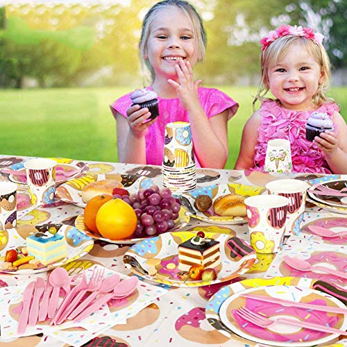 BESLIME Diseño de Decoración de Donas, Que Incluye Pancarta, Plato, Taza, Servilleta, Paja, Cuchara, Cuchillo, Conjunto de Suministros Para Fiestas Con Donas