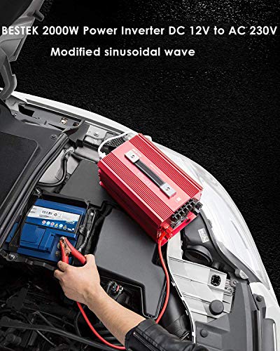 BESTEK Inversor 12v a 220v 2000w Onda Sinusoidal Modificada Transformador de 12V a 220V Pico Potencia 4600w con 2 Enchufes Universal con 4 Pinzas de Cocodrilo para Conexión a la Batería