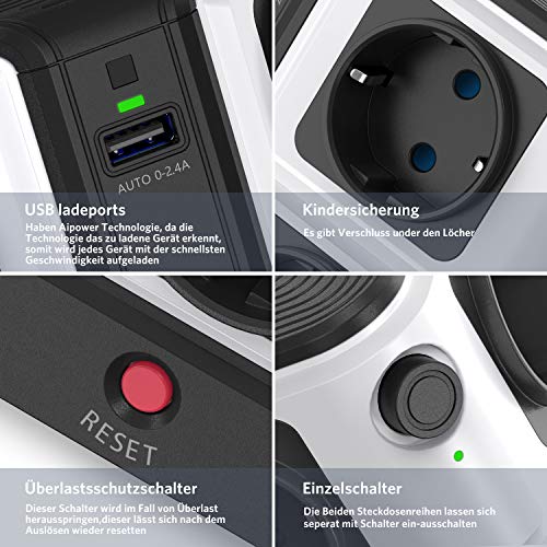 BESTEK Regleta Enchufe Vertical de 8 Tomas y 6 Puertos de USB, Regleta de 1500J Surge Protección, Regleta de 3600W/16A