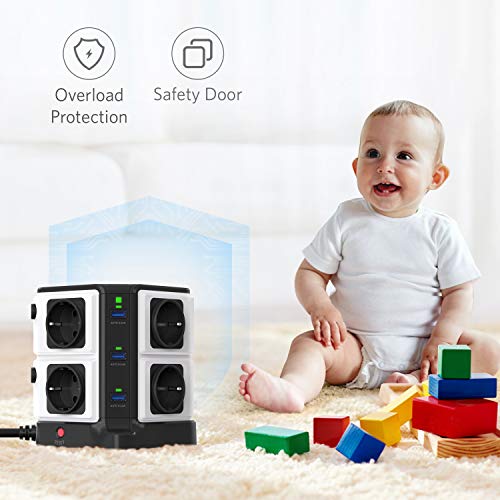 BESTEK Regleta Enchufe Vertical de 8 Tomas y 6 Puertos de USB, Regleta de 1500J Surge Protección, Regleta de 3600W/16A