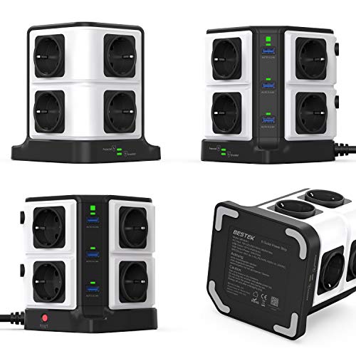 BESTEK Regleta Enchufe Vertical de 8 Tomas y 6 Puertos de USB, Regleta de 1500J Surge Protección, Regleta de 3600W/16A