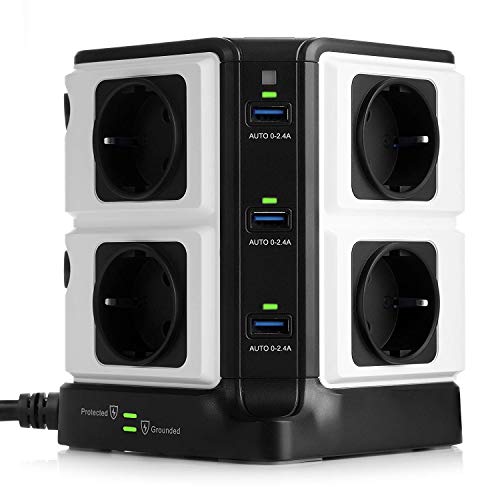 BESTEK Regleta Enchufe Vertical de 8 Tomas y 6 Puertos de USB, Regleta de 1500J Surge Protección, Regleta de 3600W/16A