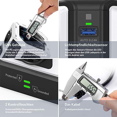 BESTEK Regleta Enchufe Vertical de 8 Tomas y 6 Puertos de USB, Regleta de 1500J Surge Protección, Regleta de 3600W/16A