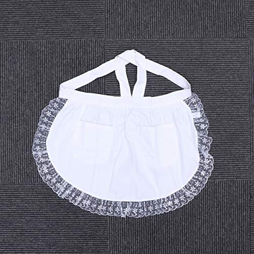 BESTONZON Delantal de Cintura, Delantal de Algodón de Encaje para Mujer con Bolsillos, Delantal Favores de Fiesta de Cocina para Sirvienta de Camarera de Limpieza (Medio/Blanco)