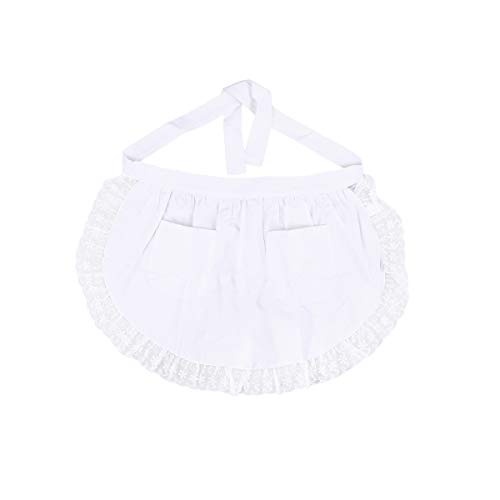 BESTONZON Delantal de Cintura, Delantal de Algodón de Encaje para Mujer con Bolsillos, Delantal Favores de Fiesta de Cocina para Sirvienta de Camarera de Limpieza (Medio/Blanco)