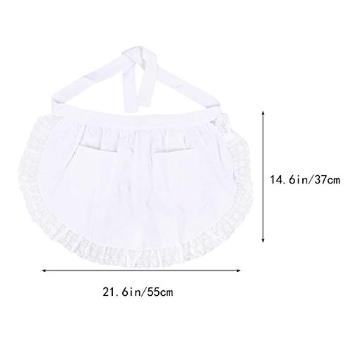 BESTONZON Delantal de Cintura, Delantal de Algodón de Encaje para Mujer con Bolsillos, Delantal Favores de Fiesta de Cocina para Sirvienta de Camarera de Limpieza (Medio/Blanco)