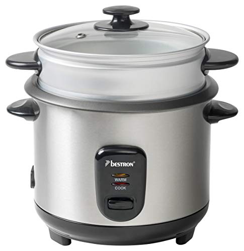Bestron Olla Arrocera Grande con Recipiente de Cocción al Vapor y Función de Retención de Calor, 1 Litro, 400 Vatios, Acero Inoxidable