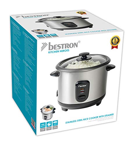 Bestron Olla Arrocera Grande con Recipiente de Cocción al Vapor y Función de Retención de Calor, 1 Litro, 400 Vatios, Acero Inoxidable